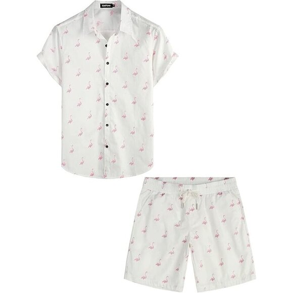 Vatpave Other - VATPAVE Hawaiian Shirt & Short Set NEW Flamingos 100% Cotton LARGE